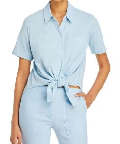 Deals 😀 Theory Petites Hekanina 👩 Womens Tie Front Collar Button-Down Top 👏
